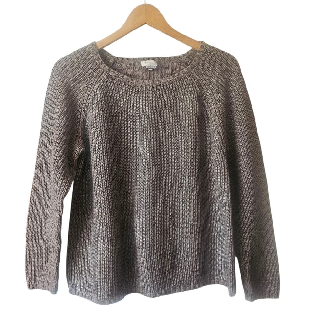 Chico's Taupe Crew Neck Ribbed Knit Metallic Neutral Minimalist Sweater Size 2